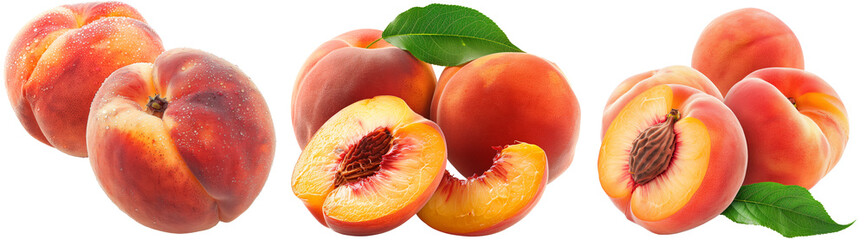 Wall Mural - Set of peaches, whole fruit and cut in slices isolated on a white background