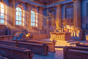 A detailed illustration of a courtroom, with each object (gavel, robe, scales) animated and personified, Sunlight streams through windows in empty courtroom, classical design exudes authority.