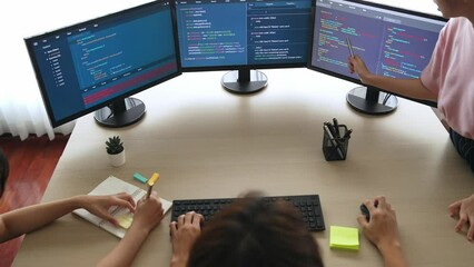 Slow motion back end software developer engineer for computer programming working together on debugging writing computing code, solving complex algorithms display on monitor in office. Burgeoning