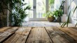 Blank wooden table top with blurred interior living room background for display montage