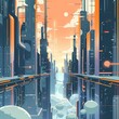 A modern futuristic city with tall buildings, flying cars, and a bright sky illustration