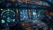A close-up view of an airplanes cockpit dashboard, its screens and controls glowing in the dim evening light.