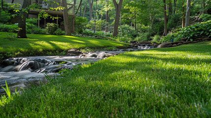 Wall Mural - peaceful grassy lawn next to a flowing creek