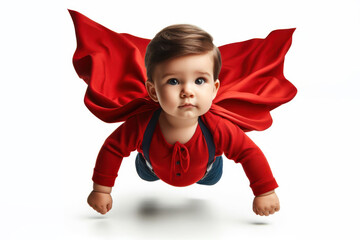 A baby in a red cloak flies like a hero isolated on a white background