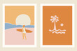 Vector illustration in flat style, summer banner and print, summer and vacation vibes, girl surfing on the wave in the ocean.