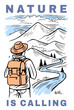 Man with backpack, traveller on top of mountain landscape. Adventure tourism and travel sketch.
