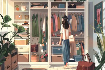 Wall Mural - A woman standing in front of a closet filled with clothes. Suitable for fashion and organization concepts