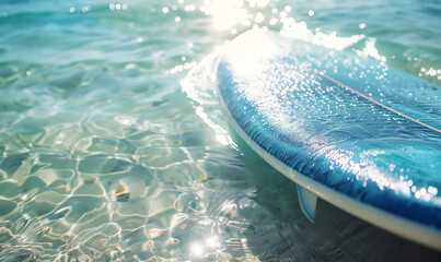 Surfboard floating on surface of clear sea water, summer holiday vacation concept banner.