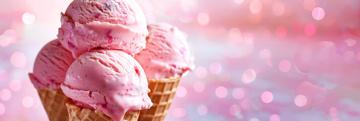 Wall Mural - Bubble gum ice cream scoops in waffle cone with pink bokeh background banner. Panoramic web header. Wide screen wallpaper