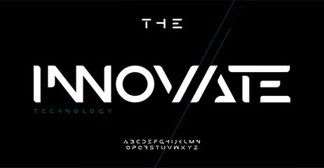 Aufkleber - Innovative sleek alphabet, bold geometric sans serif letters, cutting-edge digital font for dynamic tech logo, powerful headline, advanced typography, future-facing typographic design.Vector typeset