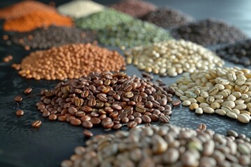 Sticker - Various types of beans displayed on a wooden table, suitable for food and nutrition concepts