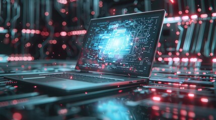 3D rendering of a laptop computer, its screen adorned with a mesmerizing holographic display.