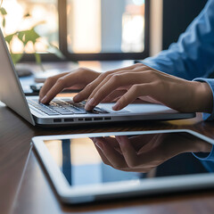 Business woman hand typing on laptop computer keyboard with reflection on digital tablet on office table.