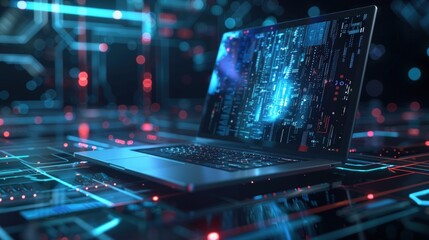 3D rendering of a laptop computer, its screen adorned with a mesmerizing holographic display.