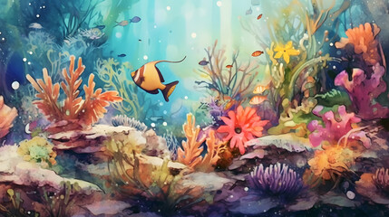 Wall Mural - Vibrant Underwater Ecosystems Watercolor