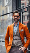 © VISUAL BACKGROUND - A man in an orange jacket and grey pants.