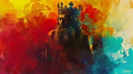 Wall Mural - A colorful painting featuring a wise old king wearing a regal crown, set against a backdrop of empty space for text