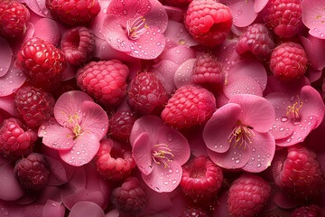 Wall Mural - Raspberry background. Raspberry chocolate, decorated with fresh raspberries.