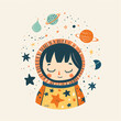 A girl in a space suit surrounded by stars and planets