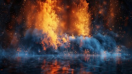 Wall Mural - A mesmerizing and dynamic composition of abstract blue and orange color powder splattered on a sleek black background