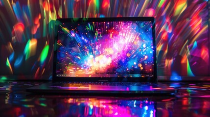 A laptop resting against a dark wooden tabletop, its screen adorned with a medley of colorful lights and reflections.