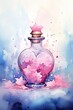 Illustration of a Love Potion on a grunge background with floral edges, realistic watercolor style, pink blue colors