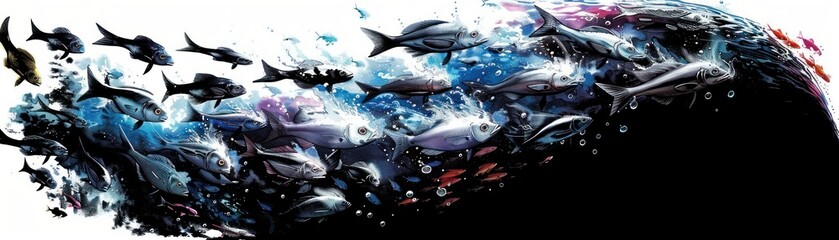 A large school of fish is swimming in the ocean. The fish are all different colors, shapes, and sizes.
