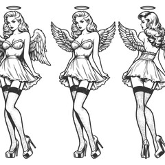 Wall Mural - pin-up angels with wings, from different angles sketch engraving generative ai fictional character vector illustration. Scratch board imitation. Black and white image.