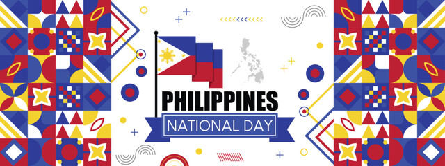 philippines independence day abstract banner design with flag and map. flag color theme geometric pa