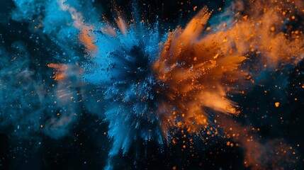 Wall Mural - A mesmerizing and dynamic composition of abstract blue and orange color powder splattered on a sleek black background