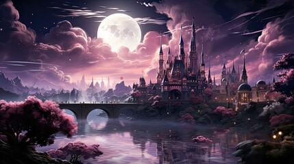 Poster - magic castle in pink sunset lights