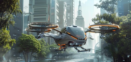 A futuristic flying car with two wings and four propeller blades, in an urban environment.