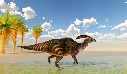 Wall Mural - Parasaurolophus Dinosaur Lakeshore - Parasaurolophus with a cranial crest was a herbivorous Hadrosaur dinosaur that lived in North America during the Cretaceous Period.