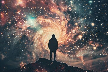 Wall Mural - silhouette of a person standing against a starry galaxy backdrop