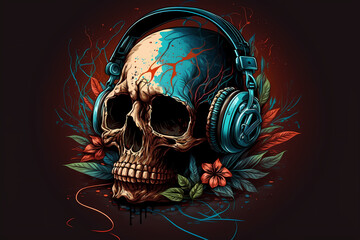Skull in headphones and flowers art illustration.