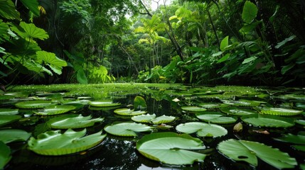 Wall Mural - Lush green forest with pond full of lilies