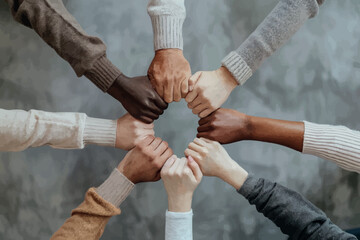 Wall Mural - Group of young people meditating during yoga retreat,  Conceptual symbol of multiracial human hands making a circle