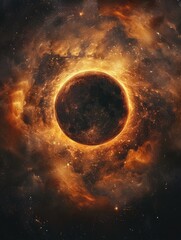 Wall Mural - large, glowing, fiery planet is surrounded by cloud of dust and debris