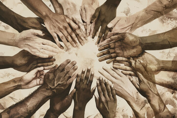 Wall Mural - Group of young people meditating during yoga retreat,  Conceptual symbol of multiracial human hands making a circle