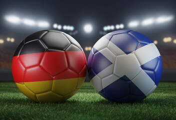 Wall Mural - Two soccer balls in flags colors on a stadium blurred background. Group A. Germany and Scotland. 3D image.