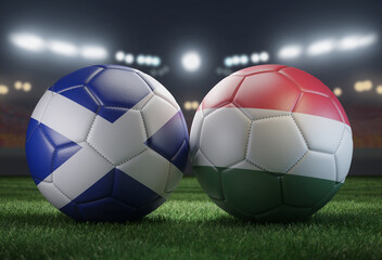 Wall Mural - Two soccer balls in flags colors on a stadium blurred background. Group A. Scotland and Hungary. 3D image.