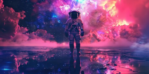 Wall Mural - Man in spacesuit stands on planet with purple sky
