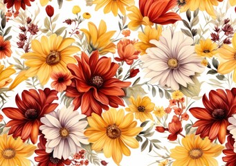 Sticker - Floral pattern with red, yellow, and orange flowers on white background