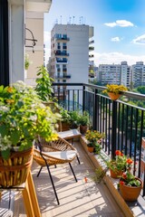 Poster - Balcony with view of city and few potted plants