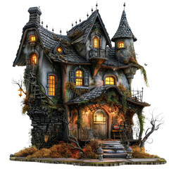 Sticker - Haunting Enchanted Mansion in Mysterious Autumn Landscape, isolated on transparent background.