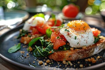 delicious bruschetta with chard, spinach, a perfectly poached egg, and a crunchy dukkah sprinkled on