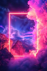 Wall Mural - neon colored frame is set against backdrop of clouds and mountains