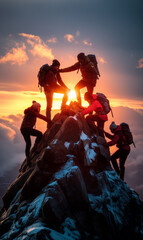 Big diverse group of hikers silhouettes stands at mountain top and looks at sunset