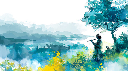 Wall Mural - Beautiful digital painting of lord Krishna playing flute in serene landscape