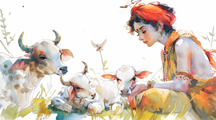 Beautiful digital painting of young lord Krishna with playful calves on white background perfect for art lovers